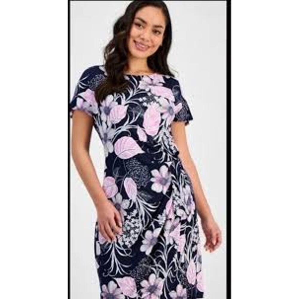 Robbie Bee Plus Size 2X Navy Pink Floral Jersey Faux Wrap Side-Tie Sheath Dress